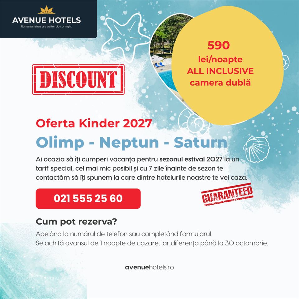 Oferta Kinder 2027 – All Inclusive În Olimp, Neptun Și Saturn, 590 Lei/Noapte Camera Dublă